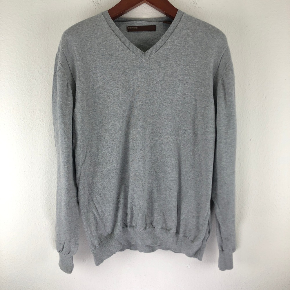 Perry Ellis Mens V-Neck Sweater Gray 100% Cotton Knit Long Sleeve XL